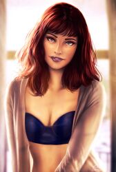 1girls 2dnsfw 2dswirl bra breasts female female_only marvel marvel_comics mary_jane_watson mature mature_female mature_woman milf mother red_hair smile solo spider-man:_into_the_spider-verse