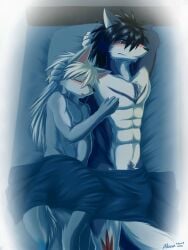 absurd_res akino-kamihara anthro bed black_hair black_sclera blue_eyes blush bodily_fluids body_hair bulge canid canine canis chest_tuft convenient_censorship domestic_dog duo erection erection_under_blanket fur furniture genital_fluids grey_body grey_fur hair hand_behind_head happy_trail hi_res husky lying male mammal muscular muscular_anthro muscular_male nordic_sled_dog on_bed precum sleeping spitz tuft white_body white_fur white_hair