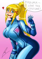 blonde blonde_female blonde_hair blonde_hair_female blue_eyes blush blushing borockman cosplay darkness_(konosuba) drool drooling heart kono_subarashii_sekai_ni_shukufuku_wo! latex_suit samus_aran_(cosplay) zero_suit zero_suit_samus_(cosplay)