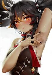 ai_generated arm_up armpit_focus armpits bangs bare_shoulders black_hair black_nails blush breasts cleavage dark-skinned_female dark_skin female genshin_impact hair_between_eyes hair_ornament looking_at_viewer medium_breasts multicolored_hair multiple_rings nail_polish parted_lips presenting_armpit red_hair ring simple_background sleeveless smelly_armpits solo spikes spread_armpit stable_diffusion steam steaming_body streaked_hair sweat twintails upper_body white_background xinyan_(genshin_impact) xinyandegen yellow_eyes