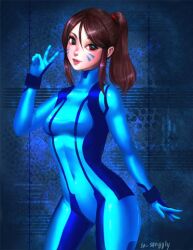 1girls brown_eyes brown_hair cosplay crossover d.va female_focus female_only latex latex_suit metroid overwatch overwatch_2 peace_sign ponytail samus_aran_(cosplay) solo solo_focus zero_suit zero_suit_samus_(cosplay)