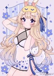 1girl animal animal_ears arm_up arms_up bangs bare_arms bare_shoulders blonde_hair blue_eyes blue_flower blush bow breasts bunny_ears bunny_girl bunny_tail choker cleavage cowboy_shot criss-cross_halter diagonal_stripes dress eyebrows_visible_through_hair female_only flower hair_bow hair_ribbon halterneck long_hair looking_at_viewer medium_breasts on_head parted_lips petals ribbon see-through sleeveless sleeveless_dress small_breasts solo sparkle standing star_(symbol) star_print striped striped_background tail underwear vertical_stripes very_long_hair virtual_youtuber vyugen yenko