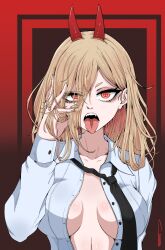 1girls blonde_hair breasts buttoned_shirt chainsaw_man demon demon_girl disheveled dress_shirt eyelashes female_only gokka hair_over_one_eye horns inner_sideboob looking_at_viewer medium_breasts messy_hair necktie open_clothes open_mouth open_shirt power_(chainsaw_man) sharp_teeth solo tongue tongue_out unbuttoned unbuttoned_shirt unusual_pupils yellow_eyes