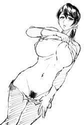 1girls ankoku_d bare_legs black_hair black_theme bleach blush breasts clothes_pull curvy female female_pubic_hair highres ikumi_unagiya large_breasts long_hair looking_at_viewer milf monochrome nipples no_bra pants pants_pull ponytail pubic_hair simple_background solo thick_thighs thighs unagiya_ikumi upper_body white_background