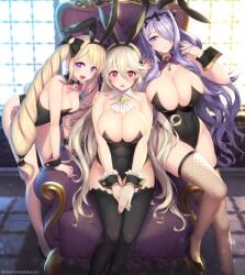 3girls alternate_costume alternate_version_available animal_ears armchair ass bare_thighs bent_over black_leotard black_thighhighs blonde_hair bow bowtie breasts brooch bunny_ears bunny_girl bunnysuit camilla_(fire_emblem) chair corrin_(female)_(fire_emblem) corrin_(fire_emblem) corrin_(fire_emblem)_(female) detached_collar drill_hair elise_(fire_emblem) fake_animal_ears fake_tail female female_only fire_emblem fire_emblem_fates fishnet_legwear fishnet_thighhighs fishnets grey_hair hair_over_one_eye high_heels highres huge_breasts inner_thighs jewelry kashiwamochi_yomogi large_breasts legs leotard medium_breasts multiple_girls nintendo playboy_bunny pointy_ears purple_hair rabbit_ears rabbit_tail siblings sisters sitting smile strapless strapless_leotard tail thick_thighs thighhighs thighs throne tiara twin_drills twintails wrist_cuffs year_of_the_rabbit