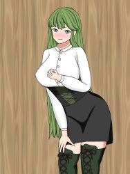 1girls alternate_version_available bangs bare_thighs blush boots breasts covered_nipples female female_only fire_emblem fire_emblem:_mystery_of_the_emblem fire_emblem:_shadow_dragon_and_the_blade_of_light green_eyes green_hair kenchu large_breasts leaning_forward long_hair long_sleeves looking_at_viewer nintendo palla_(fire_emblem) pout shirt skirt solo teasing thigh_boots thighs unbuttoned undressing very_long_hair