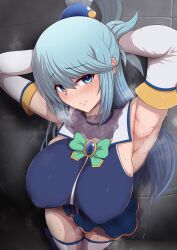 aqua_(konosuba) armpits arms_up blue_eyes blue_hair blush cleavage female_only footwear huge_breasts kono_subarashii_sekai_ni_shukufuku_wo! long_hair long_sleeves looking_at_viewer ponpo ponponmaru ponytail sleeves_past_elbows solo_focus thick_thighs thighhighs thighs uncensored white_legwear white_sleeves white_stockings wide_hips