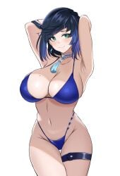 1girls armpits arms_behind_back azmiyudista big_breasts bikini blue_hair breasts female female_only genshin_impact green_eyes solo solo_focus tagme thong yelan_(genshin_impact) zuyuzuyu6