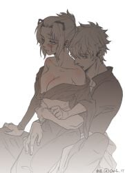 1boy 1girls bite biting blush body_blush cleavage facial_scar female from_behind gintama gintoki_sakata hair_ornament holding_waist hugging_from_behind kimono male no_bra obi off_shoulder otofu_1t restricted_palette shy sitting_on_lap sitting_on_person spot_color sweatdrop tied_hair tsukuyo