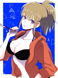 big_breasts bikini black_bikini blonde_hair blue_background cleavage facial_scar female female_only gintama hoodie kiseru koyokoyot light_brown_hair looking_at_viewer official_alternate_costume pale-skinned_female pale_skin pipe ponytail purple_eyes scar smoking_pipe solo swimsuit tsukuyo