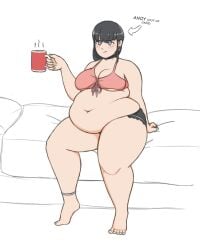 1girls angry bed blush bra chub chubby drink english_text fat fat_female fat_fetish fat_girl fat_woman fatty female female_only gluttony obese panties piengoo solo text