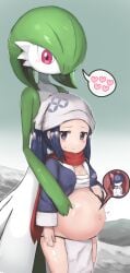 1860_(ichi) absurdres akari_(pokemon) black_hair blush breasts chest_sarashi cleavage cross_section female_human/futa_pokemon fetus gardevoir head_scarf heart highres hug hug_from_behind human_mother_baby_pokemon implied_futanari navel pelvic_curtain pokemon pokemon_(game) pokemon_(species) pokemon_legends:_arceus pokephilia ponytail pregnant ralts red_scarf sarashi scarf spoken_heart stomach sweatdrop