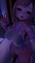 3d animated ass big_breasts blonde_hair blue_eyes cute female happy looking_at_viewer mp4 no_sound tagme tattoo video virtualahri vrchat