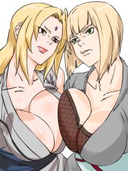 2girls anger_vein angry asymmetrical_docking blonde_hair blue_eyes breast_press breast_to_breast brown_eyes clenched_hand comparing comparing_breasts competition competitive docking huge_breasts kunoichi large_breasts long_hair multiple_girls naruto naruto_(series) naruto_shippuden ninja samui sexfight short_hair symmetrical_docking titfight tsunade