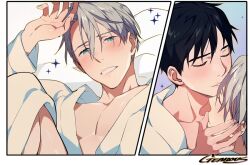 2boys artist_name black_hair blue_eyes blush close-up closed_eyes comic commentary_request fingernails gearous grey_hair happy katsuki_yuuri kissing kissing_forehead looking_at_viewer male_focus mixed-language_commentary multiple_boys panels profile short_hair silent_comic smile sparkle teeth upper_body viktor_nikiforov yaoi yuri!!!_on_ice