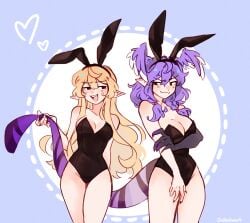 2023 2girls artist_name bare_shoulders black_nails blonde_hair breast_size_difference bunny_ears bunnysuit buttznhearts claws cleavage long_hair long_tail nijisanji nijisanji_en pointy_ears pomu_rainpuff purple_hair selen_tatsuki short_hair smug tail thighs twintails virtual_youtuber year_of_the_rabbit