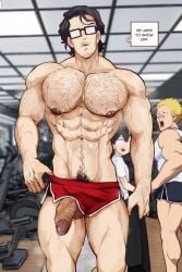 3boys abs background_characters balls ballsack bandage bandage_on_nose bara biceps big_muscles big_pecs big_penis black_hair blonde blonde_hair blue_shorts body_hair brown_nipples busty chin_pubes dilf erect_nipples erect_penis erection exibitionism facial_hair foreskin foreskin_folds gasp gay glasses gym gym_bottomwear gym_equipment gym_shorts hairy hairy_chest hairy_male huge_pecs human human_only intact katai_makoto komi-san_wa_komyushou_desu komi_sadayoshi light-skinned_male light_skin lilprincyvi looking_back male male_boobs male_chest male_focus male_nipples male_only male_pubic_hair manboobs mature mature_male moobs mouth_open muscles muscular muscular_male muscular_thighs mustache open_mouth pecs pectorals penis penis_out precum precum_drip red_shorts retracted_foreskin scrotum shocked shocked_expression six_pack solo_focus standing sweat sweatdrop sweating sweaty t-shirt tadano_hitohito testicles thick_thighs topless topwear uncut veiny_penis white_t-shirt white_topwear