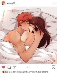 1boy 1boy1girl 1girls after_sex closed_eyes cuddling cute female ginger hand_in_hair i_love_yoo kissing male male/female morning_after nude on_bed orange_hair romantic sheets shin-ae_yoo straight sweet under_sheets webtoon wholesome yeon-gi