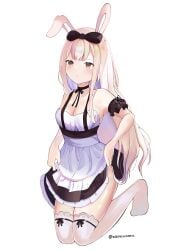 1girl animal_ears apron bangs bare_shoulders black_dress black_skirt blonde_hair blush bow breasts brown_eyes bunny_ears bunny_girl choker cleavage closed_mouth collarbone diagonal_stripes dress eyebrows_visible_through_hair female_only frills full_body hair_bow kneeling long_hair looking_at_viewer medium_breasts no_shoes ribbon skirt sleeveless solo striped striped_background thighhighs twitter_username vertical_stripes very_long_hair virtual_youtuber vyugen white_background white_legwear yellow_eyes yenko