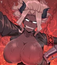 1girls absurd_res androjuniarto blush breasts busty chains child_bearing_hips curvaceous curvy dark-skinned_female dark_skin demon demon_girl demon_horns embarrassed exhibitionism female female_focus female_only helltaker highres horn hourglass_figure huge_breasts inviting judgement_(helltaker) looking_at_viewer looking_away seductive sharp_teeth solo solo_female suggestive sweat sweatdrop sweaty_breasts teeth thick tsundere voluptuous wet white_eyebrows white_eyes white_hair white_pupils