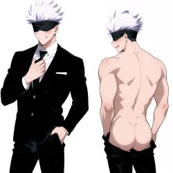 1boy ai_generated ass back_muscles back_view black_blindfold blush blush confident embarrassed front_view full_body gojo_senpai hand_on_hip hand_up jujutsu_kaisen male male_only muscular muscular_male pants_down pulling_down_pants satoru_gojo shirtless shy stable_diffusion suit suit_and_tie tie white_hair