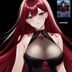 1girls ai_generated artist_request big_breasts breasts cross female fishnets original red_eyes red_hair reference_image roblox roblox_avatar robloxian source_request tagme