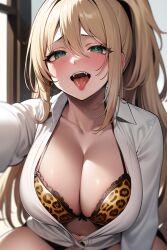 ai_generated animal_print bimbo blonde_hair blush bow bow_bra bra breasts busty female female_only goddess_of_victory:_nikke large_breasts leopard_print leopard_print_bra nai_diffusion naughty_face open_mouth rupee_(nikke) school_uniform schoolgirl selfie stable_diffusion