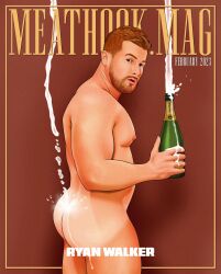 1boy 2023 ass butt caucasian caucasian_male champagne english_text february looking_at_viewer looking_back magazine_cover male male_only meathook_magazine muscles muscular muscular_male onlyfans_model real_person ryan_walker solo solo_male tanlines