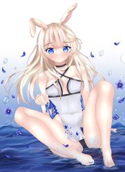 1girl animal_ears bangs bare_arms bare_legs bare_shoulders barefoot black_choker blonde_hair blue_eyes blush breasts bunny_ears bunny_girl choker cleavage closed_mouth collarbone dress eyebrows_visible_through_hair feet female_only flower hair_between_eyes halterneck long_hair looking_at_viewer medium_breasts petals sitting sleeveless sleeveless_dress small_breasts solo striped striped_background vertical_stripes virtual_youtuber vyugen water white_dress yenko