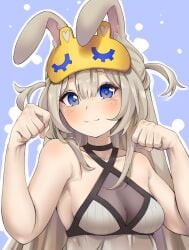 1girl animal_ears bangs bare_arms bare_shoulders black_choker blonde_hair blue_background blue_eyes blush breasts bunny_ears bunny_girl choker cleavage clenched_hands closed_mouth collarbone eyebrows_visible_through_hair female_only hair_between_eyes hands_up hat long_hair looking_at_viewer medium_breasts paw_pose silver_hair sleeveless smile solo upper_body virtual_youtuber vyugen yenko