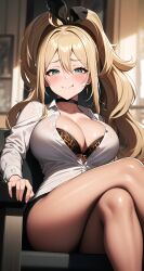 1girls ai_generated animal_print bimbo blonde_hair blush breasts busty choker crossed_legs female goddess_of_victory:_nikke gyaru large_breasts leopard_print looking_back nai_diffusion rupee_(nikke) school_uniform schoolgirl sitting smile stable_diffusion thick_thighs