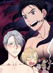 +_+ 6+boys artist_name black_hair blonde_hair blue_eyes brown_eyes brown_hair cellphone christophe_giacometti emil_nekola gearous georgi_popovich ji_guang-hong katsuki_yuuri leo_de_la_iglesia male_focus michele_crispino multiple_boys open_mouth phone silver_hair smartphone smile tentacle topless_male viktor_nikiforov writing yuri!!!_on_ice yuri_plisetsky