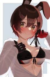 absurdres animal_ear_fluff animal_ears bikini bikini_top_lift black_bikini black_gloves black_ribbon blush breasts brown_hair clothes_lift collarbone embarrassed female front-tie_bikini_top front-tie_top gloves hand_on_own_chest highres hololive hololive_gen_0 hololive_japan jacket kemonomimi_mode kiaoekakishitai lifted_by_self long_sleeves looking_at_viewer medium_breasts nervous_smile o-ring o-ring_top open_clothes open_jacket rabbit_ears red_gloves ribbon roboco-san short_hair smile solo swimsuit tearing_up tears two-tone_gloves underboob upper_body virtual_youtuber white_jacket yellow_eyes