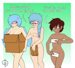 3girls aliasing anger_vein annoyed artist_logo artist_signature baby_blue_hair blue_hair blush blushing blushing_profusely box braid breasts brown_hair cardboard_box covering covering_breasts covering_crotch covering_self dialogue embarrassed embarrassed_female embarrassed_nude_female enf female female_only flat_colors flustered front_view glasses graciousdegenerate gradient_background green_background holding_letter holding_object jaggy_lines letter letters light_blue_hair logo long_hair naked naked_female navel non-euclidean_border novelty_censor nude nude_female oc original original_character png renee_(graciousdegenerate) renee_ricci sabrina_(limbros) short_hair signature single_braid standing summer_(undercoverskeleton) twintails walking