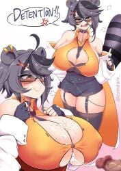 after_sex angry animal_ears black_hair blush bodily_fluids breast_play breasts censored collar cum cum_on_breasts cumdare duo ear_piercing eyewear female garter_straps genital_fluids genitals glasses grey_hair happy highres huge_breasts humanoid indie_virtual_youtuber large_breasts male mammal mammal_humanoid multicolored_hair open_mouth paizuri penis piercing raccoon_ears sex short_hair simple_background snuffy speech_bubble stockings straight teacher text two_tone_hair virtual_youtuber vtuber