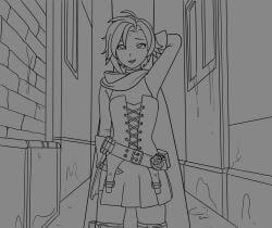 1girls alley back_alley monochrome ruby_rose rwby short_hair soundwaveslut tagme