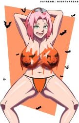 1girls armpits arms_behind_head asking_for_it bat big_breasts body_paint bodypaint breasts cameltoe functionally_nude green_eyes hair_ornament halloween halloween_costume headband huge_breasts looking_at_viewer naruto naruto_(series) naruto_shippuden nightmare_hdraw paint paint_on_body paint_on_breasts patreon patreon_username pink_hair revealing_clothes sakura_haruno short_hair skimpy solo squatting thong topless