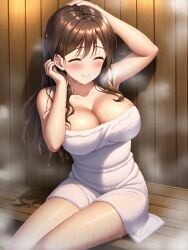 1girls ai_generated brown_hair closed_eyes large_breasts long_hair original original_character sauna shmebulock36 sitting smile solo steam sweating towel towel_only wet wet_skin