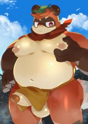 2023 anthro asian_clothing balls belly big_belly brown_body canid canine clothing cloud east_asian_clothing erection fundoshi genitals hi_res humanoid_genitalia humanoid_hands humanoid_penis japanese_clothing kemono leaf male mammal masshiro moobs navel nipples outside overweight overweight_male penis raccoon_dog solo tanuki underwear