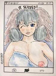 bath_towel blue_eyes catnipple99 grey_hair high_entia melia_antiqua nintendo nipslip phone_camera selfie traditional_media_(artwork) video_call wardrobe_malfunction watercolor_(artwork) wings wink xenoblade_(series) xenoblade_chronicles