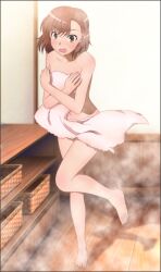 1girls bare_legs bare_shoulders barefoot bathhouse blush brown_eyes brown_hair brunette collarbone completely_nude completely_nude_female covering embarrassed embarrassed_nude_female enf female full_body hi_res indoors looking_at_viewer matching_hair/eyes misaka_mikoto navel nude nude_female open_mouth pink_towel short_hair solo steam teenage_girl teenager tiptoes to_aru_kagaku_no_railgun to_aru_majutsu_no_index toes towel yadokari_genpachirou young