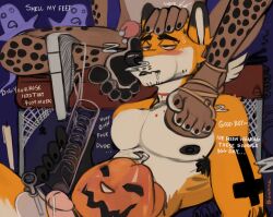 anthro bong canid canine cheetah clothing dialogue drugs duo felid feline foot_fetish foot_sniffing footwear fox genitals good_boy half-closed_eyes halloween halloween_costume hand_on_head holidays jerro male male/male mammal narrowed_eyes penis sandals sniffing