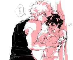 1boy 1boy1girl 1girls adult_swim angry big_breasts breast_grab breast_squeeze busty female female_deku grope groping groping_breasts hands_on_breasts izuku_midoriya japanese_text katsuki_bakugou male mrtm0102 my_hero_academia rule_63 shirt_up squeezing_breast straight toonami