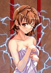 10s 1girls 2013 bare_shoulders biribiri breasts brown_eyes brown_hair cleavage collarbone covering electricity electrokinesis female hi_res looking_at_viewer matching_hair/eyes misaka_mikoto naked_towel nude nude_female one_eye_closed sardonyx short_hair simple_background small_breasts solo standing teenage_girl teenager to_aru_kagaku_no_railgun to_aru_majutsu_no_index towel upper_body young