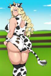 1girls ai_generated ass ass_focus back_muscles back_view backside big_ass big_butt blonde_female blonde_hair blue_eyes cow_ears cow_hat cow_hood cow_horns cow_print_armwear cow_print_legwear cow_print_lingerie cow_print_one_piece cow_print_stockings cow_print_thighhighs cow_tail cowprint cuffs_(clothing) edit field field_background hucow long_blonde_hair long_hair muscle muscular muscular_female novel_ai novelai outside solo_focus stable_diffusion teddy_(clothing) thick_ass thick_hips thick_legs thick_thighs