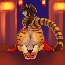 anthro anus asian_clothing ass backsack balls big_butt chinese_clothing chinese_new_year clothing east_asian_clothing embarrassed felid genitals girly male mammal pantherine pawpads presenting presenting_anus presenting_hindquarters solo tiger unknown_artist