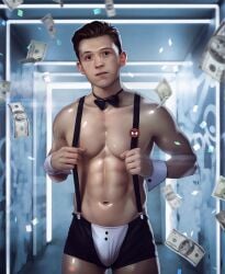 actor bulge celebrity in_character looking_at_viewer male male_only marvel marvel_cinematic_universe money muscles muscular muscular_male nerdyart peter_parker spider-man stripper suspenders tom_holland