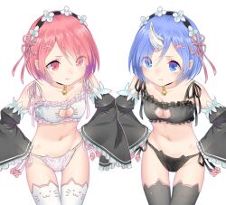 2girls bell bell_choker black_bra black_lingerie black_panties blue_eyes blue_hair bra breasts cat_bell cat_keyhole_bra cat_keyhole_lingerie cat_lingerie choker cleavage_cutout hair_ornament hair_over_one_eye horn juliet_sleeves lingerie maid maid_headdress medium_breasts midriff navel panties pink_eyes pink_hair ram_(re:zero) re:zero_kara_hajimeru_isekai_seikatsu rem_(re:zero) short_hair siblings side-tie_panties sisters thighhighs white_bra white_lingerie white_panties yasuyuki