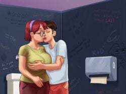 1boy 1girls 2d animated bathroom big_breasts bottomwear breast_grab breast_press breast_squeeze breasts brown_hair closed_eyes clothed clothing darkcookie digital_drawing_(artwork) digital_media_(artwork) duo female gif glasses green_eyes headband headwear huge_breasts judith_(summertime_saga) kissing light-skinned_female light-skinned_male light_skin looking_pleasured main_character_(summertime_saga) making_out male male/female pants pleasure_face red_hair shirt shorts sitting standing summertime_saga topwear