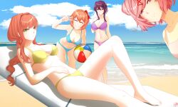 4girls ball beach beach_ball beach_chair bikini blue_bikini blue_swimsuit breasts brown_hair chair closed_eyes clouds doki_doki_literature_club female_only green_bikini green_eyes green_swimsuit hair_bun hair_ornament hairbow hairbun large_breasts laying_down looking_at_viewer medium_breasts midriff monika_(doki_doki_literature_club) multiple_girls natsuki_(doki_doki_literature_club) navel ocean outside pink_bikini pink_eyes pink_hair pink_swimsuit ponytail proxyl purple_bikini purple_eyes purple_hair purple_swimsuit sayori_(doki_doki_literature_club) short_hair short_twintails sky swimsuit twintails water yuri_(doki_doki_literature_club)